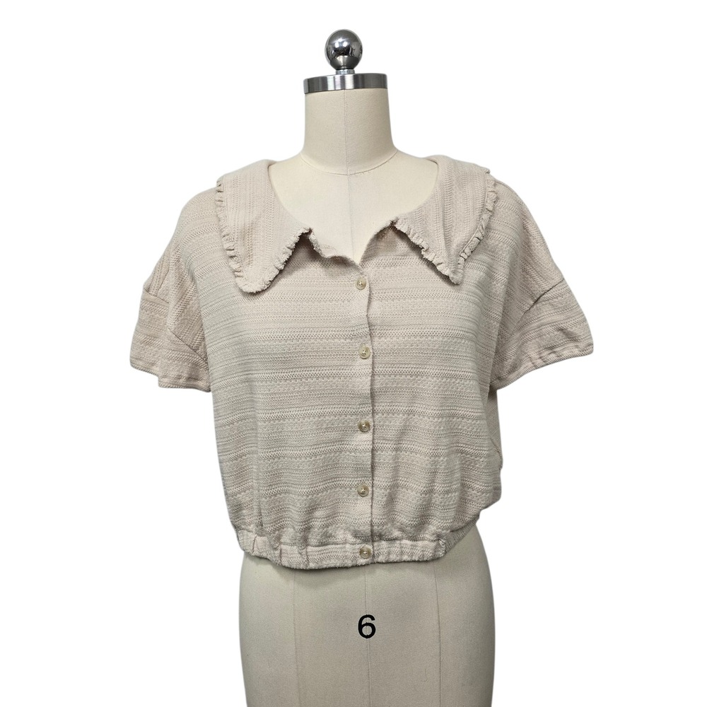 Madewell Oatmeal Beige Pointelle Peter Pan Collar Short Sleeve Crop Top Medium